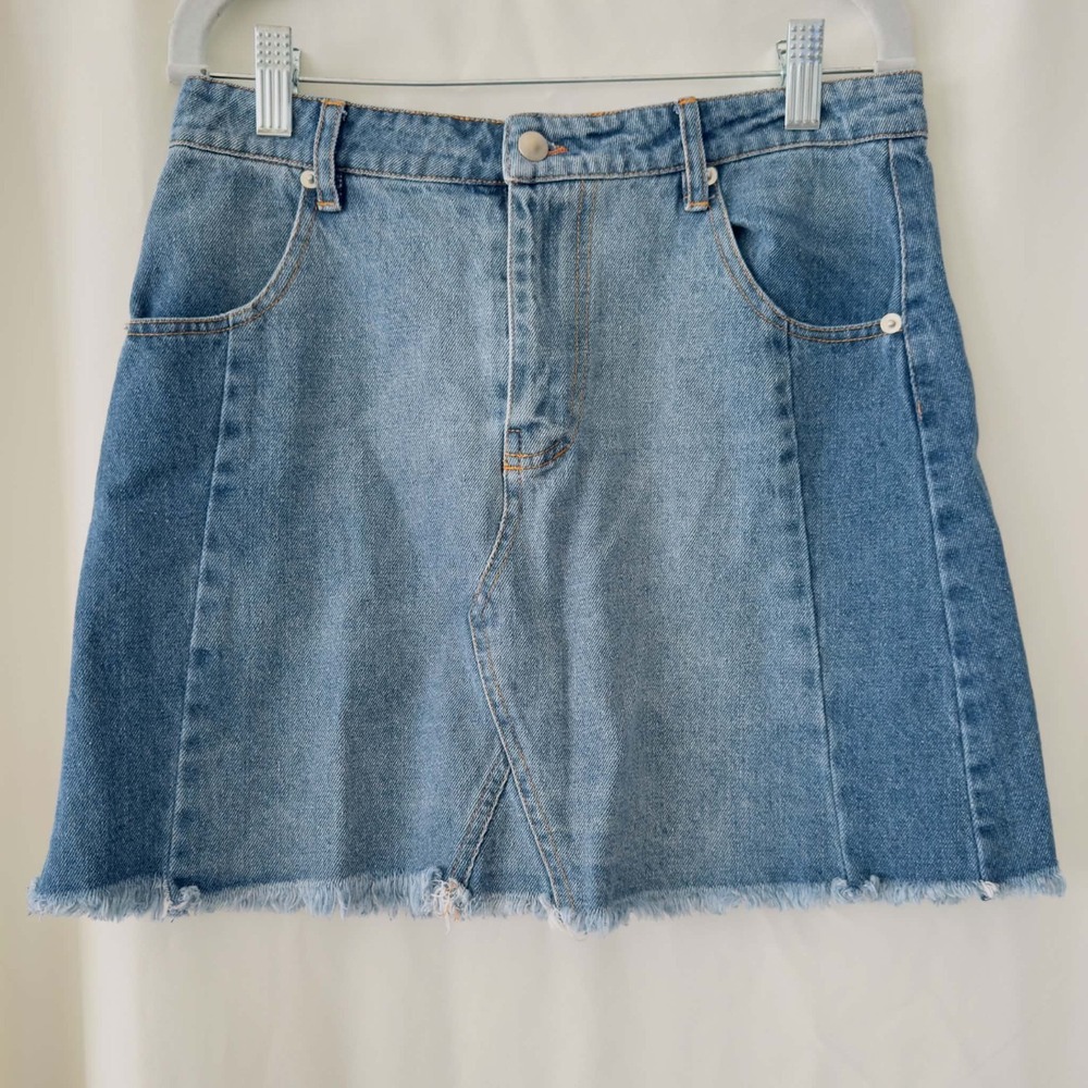 Altar'd State Denim Mini Skirt Size Small Raw Hem Asymmetrical Panel Y2K Western